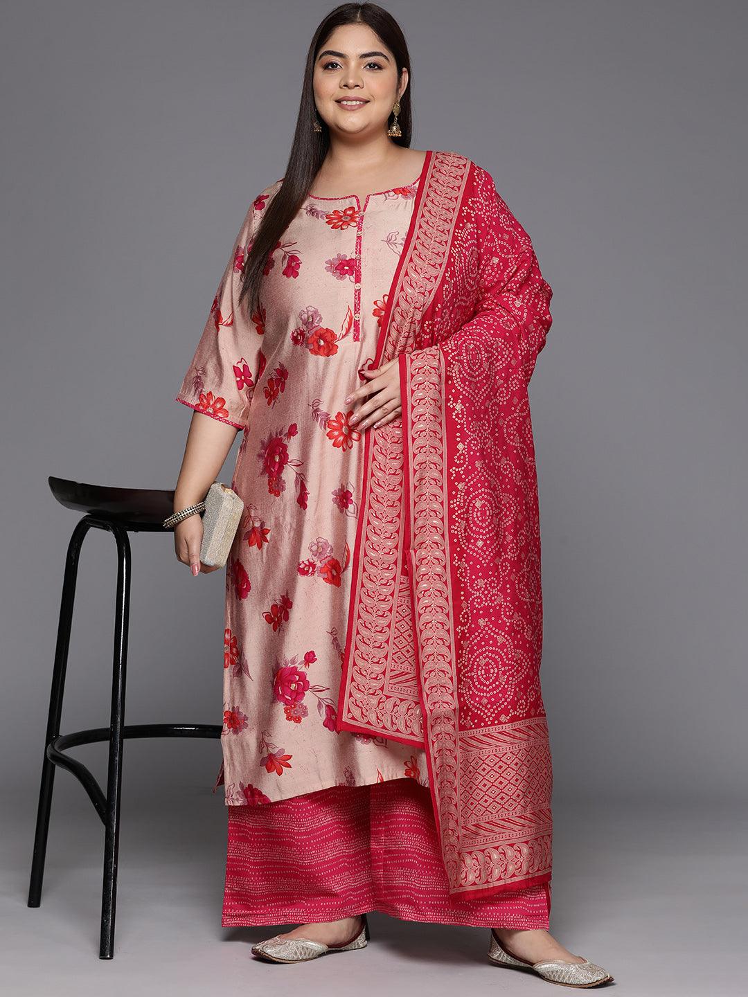 Pink Printed Silk Blend Straight Kurta With Palazzos & Dupatta - Libas