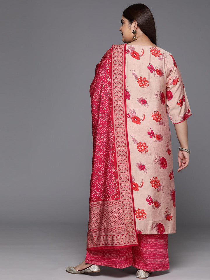 Pink Printed Silk Blend Straight Kurta With Palazzos & Dupatta - Libas