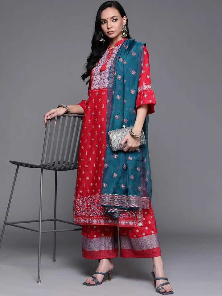 Pink Printed Silk Blend Suit Set - Libas