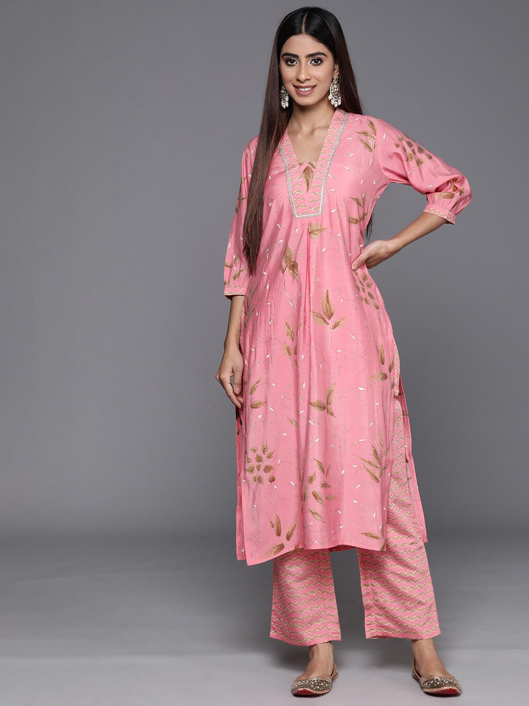 Pink Printed Silk Blend Straight Kurta With Palazzos - Libas