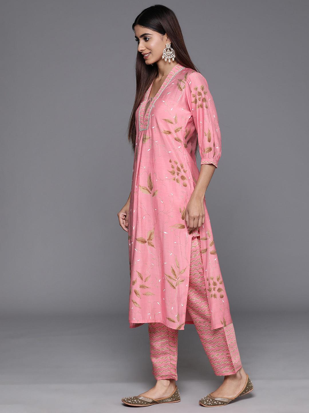 Pink Printed Silk Blend Straight Kurta With Palazzos - Libas 