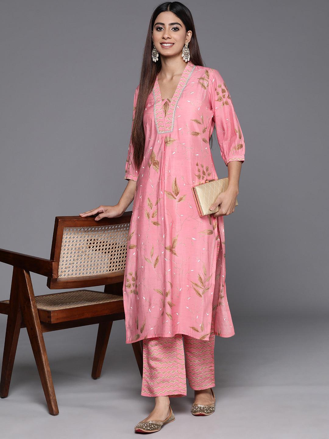 Pink Printed Silk Blend Straight Kurta With Palazzos - Libas