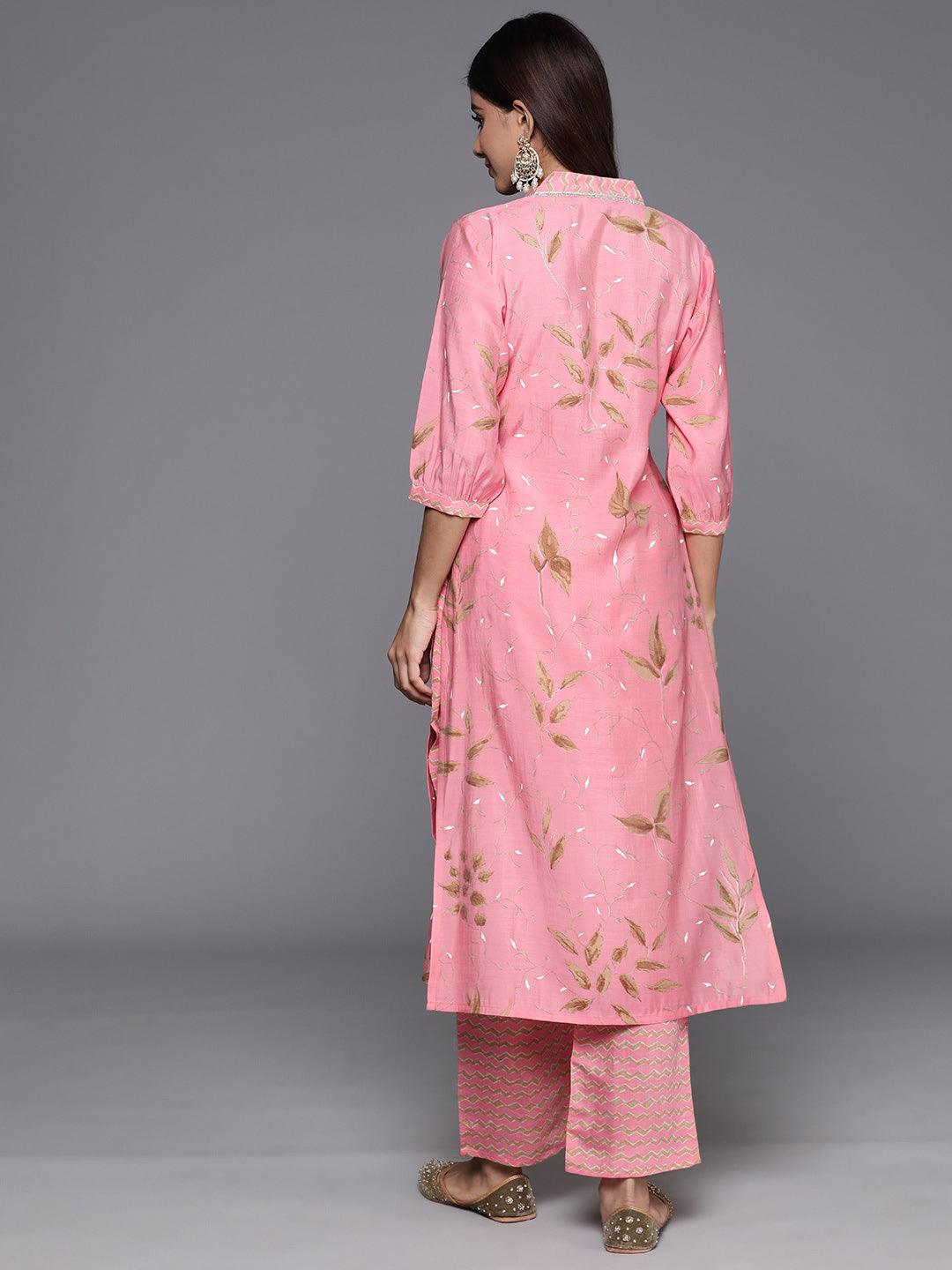 Pink Printed Silk Blend Straight Kurta With Palazzos - Libas 