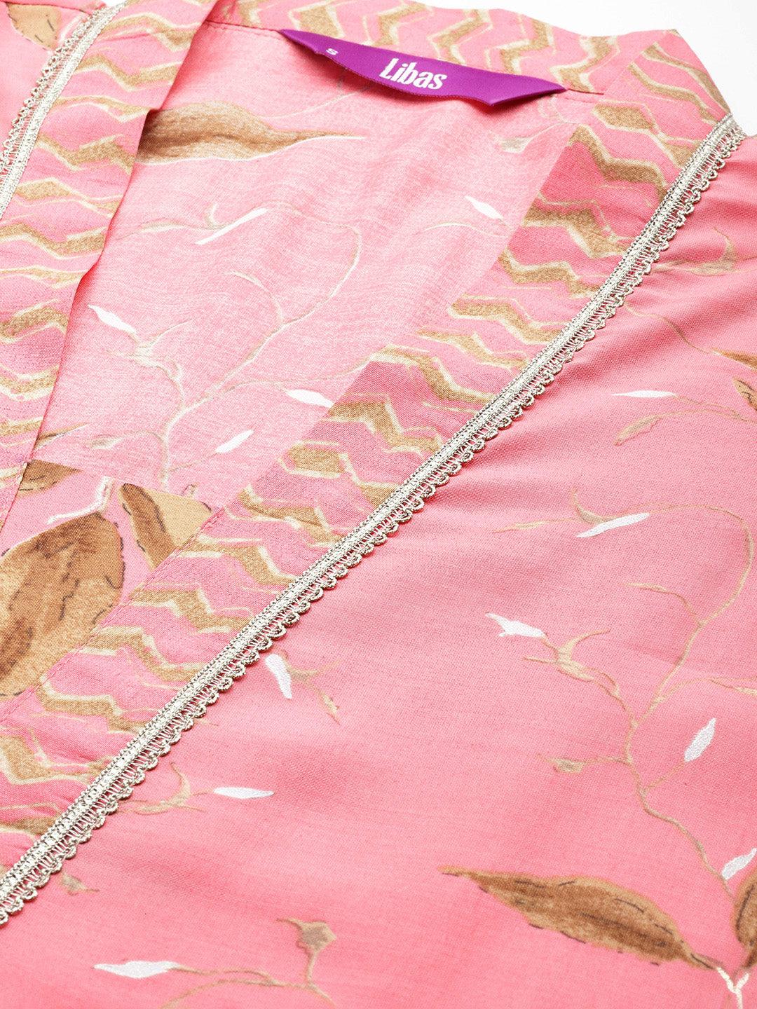 Pink Printed Silk Blend Straight Kurta With Palazzos - Libas 