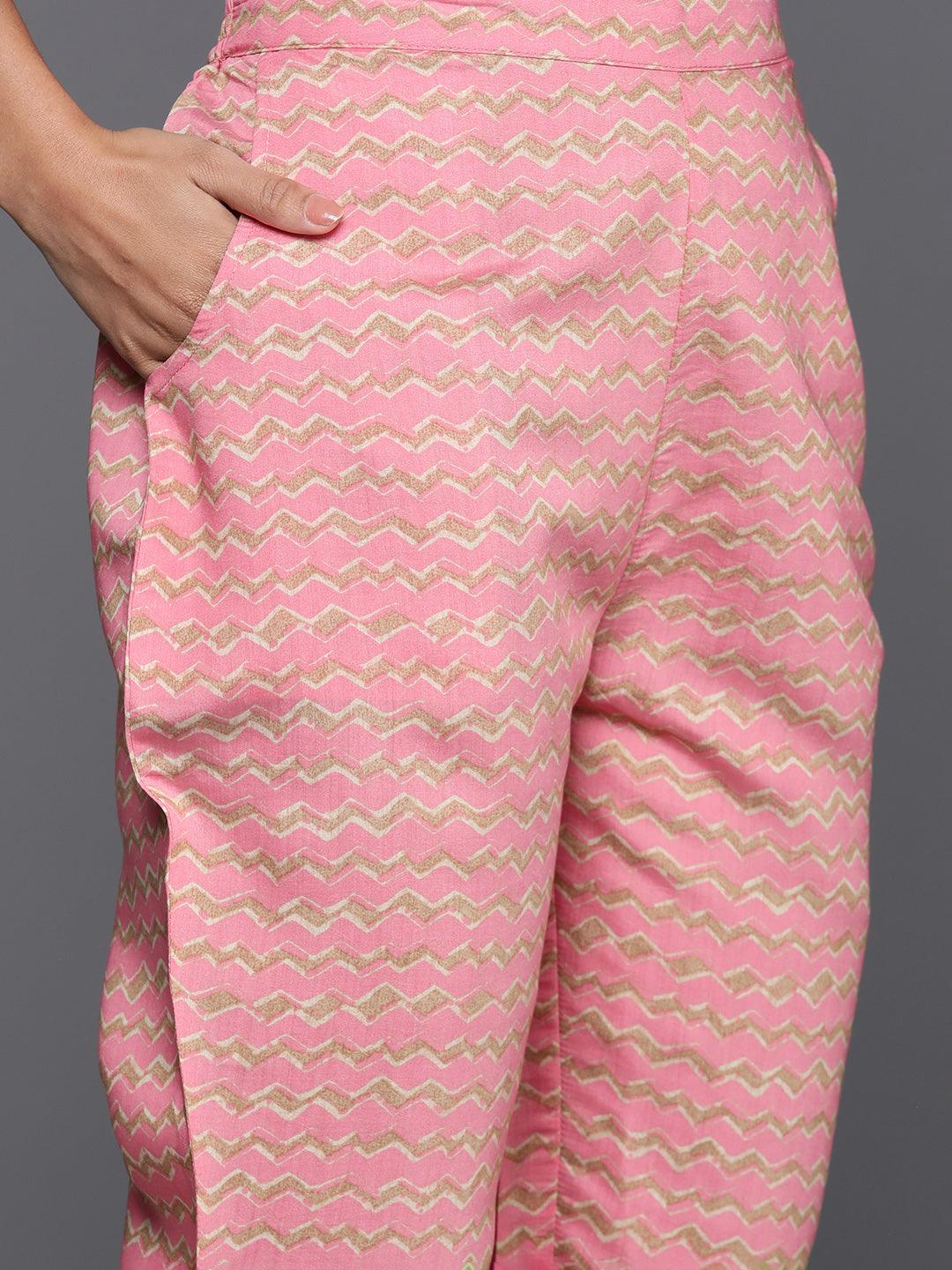 Pink Printed Silk Blend Straight Kurta With Palazzos - Libas 