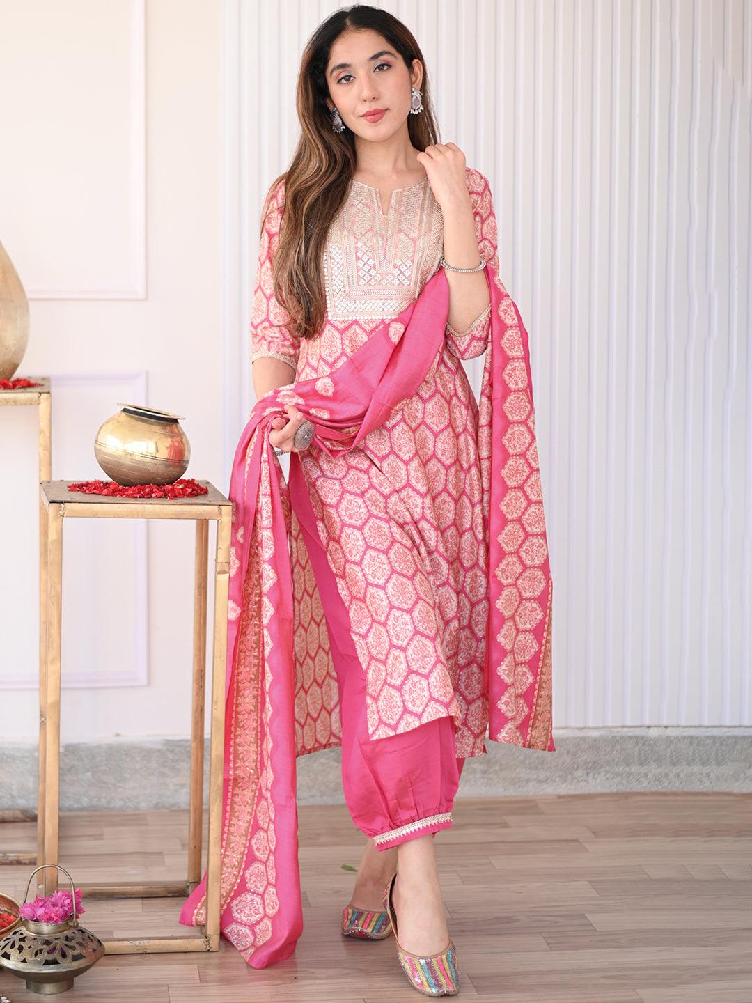 Pink Printed Silk Blend Straight Kurta With Salwar & Dupatta - Libas