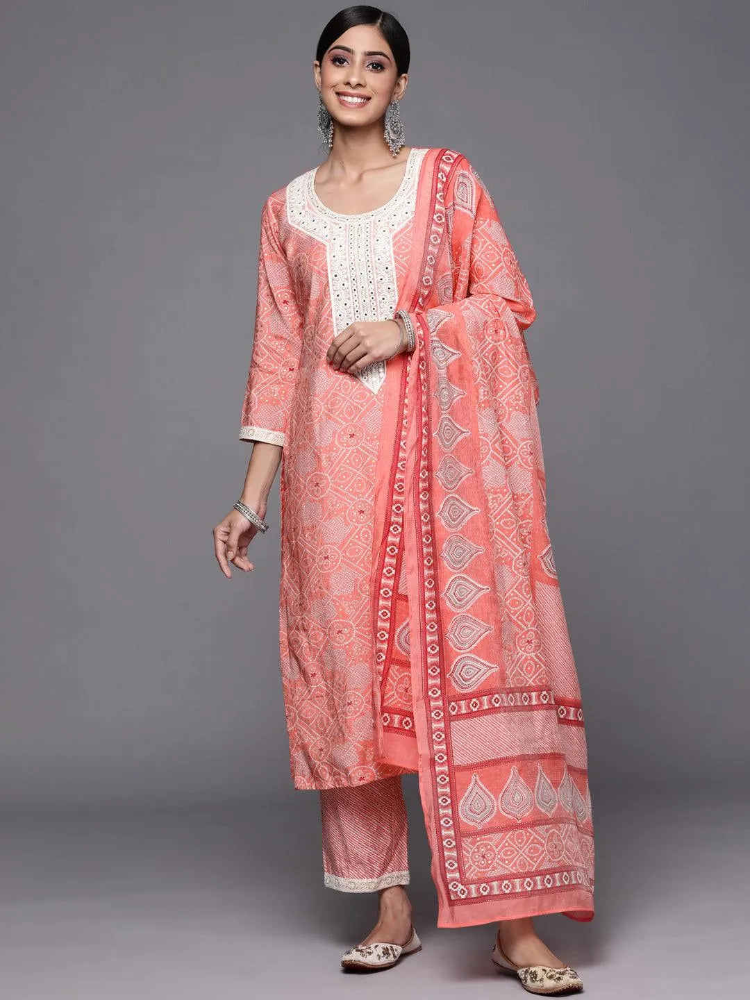 Pink Printed Silk Blend Straight Suit Set - Libas 