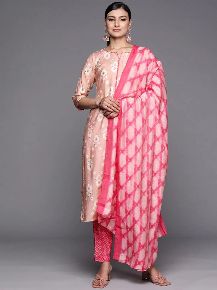 Pink Printed Silk Blend Straight Suit Set With Trousers - Libas