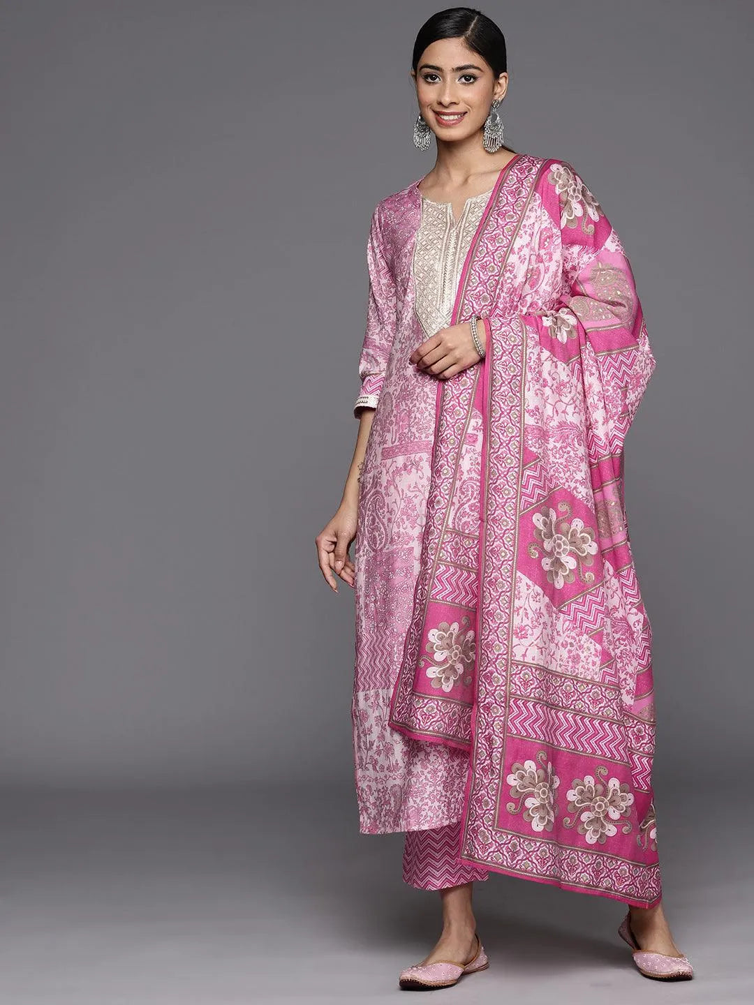 

Pink Printed Silk Blend Straight Kurta With Trousers & Dupatta