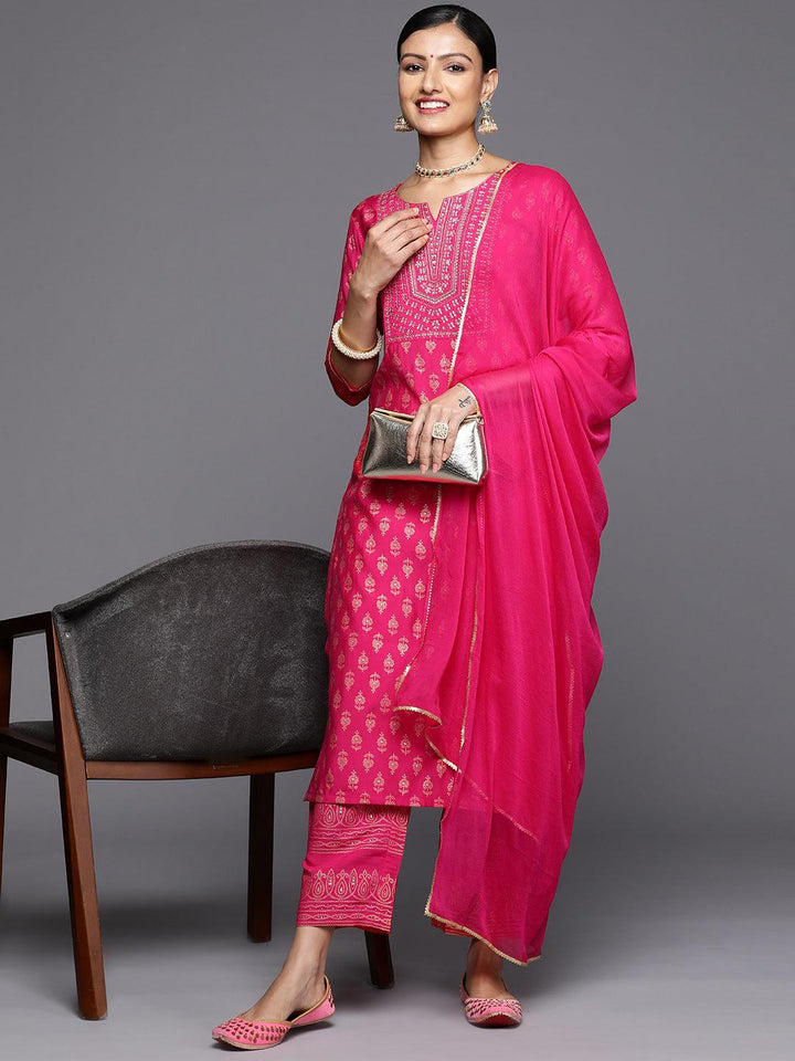 Pink Printed Silk Blend Straight Kurta With Trousers & Dupatta - Libas