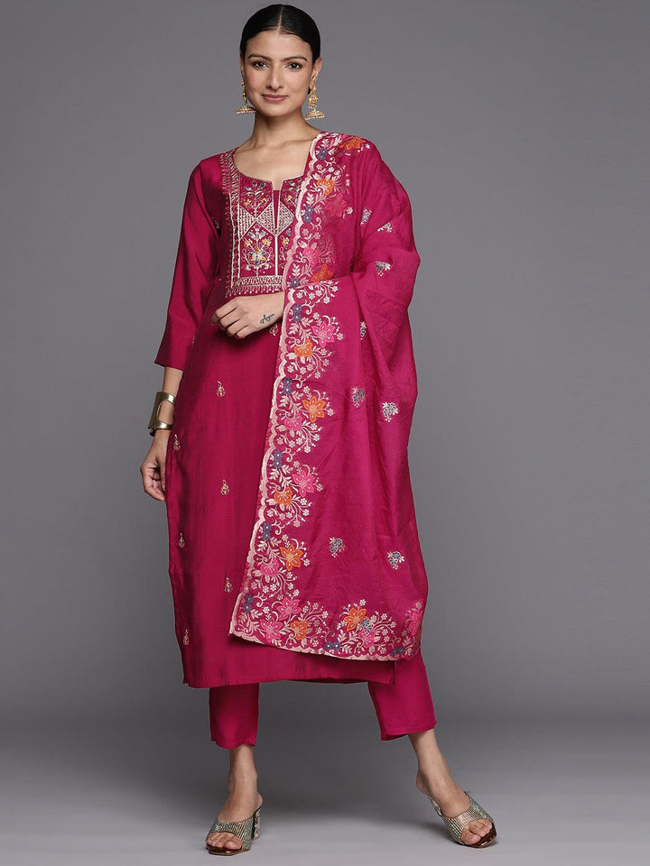 Pink Printed Silk Blend Straight Kurta With Trousers & Dupatta - Libas