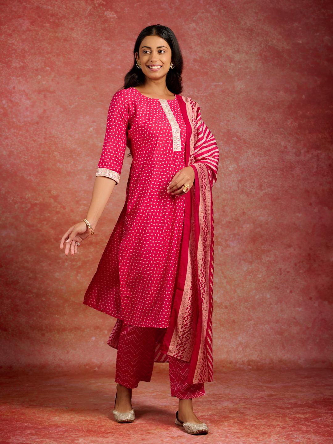 Pink Printed Silk Blend Straight Kurta With Trousers & Dupatta - Libas