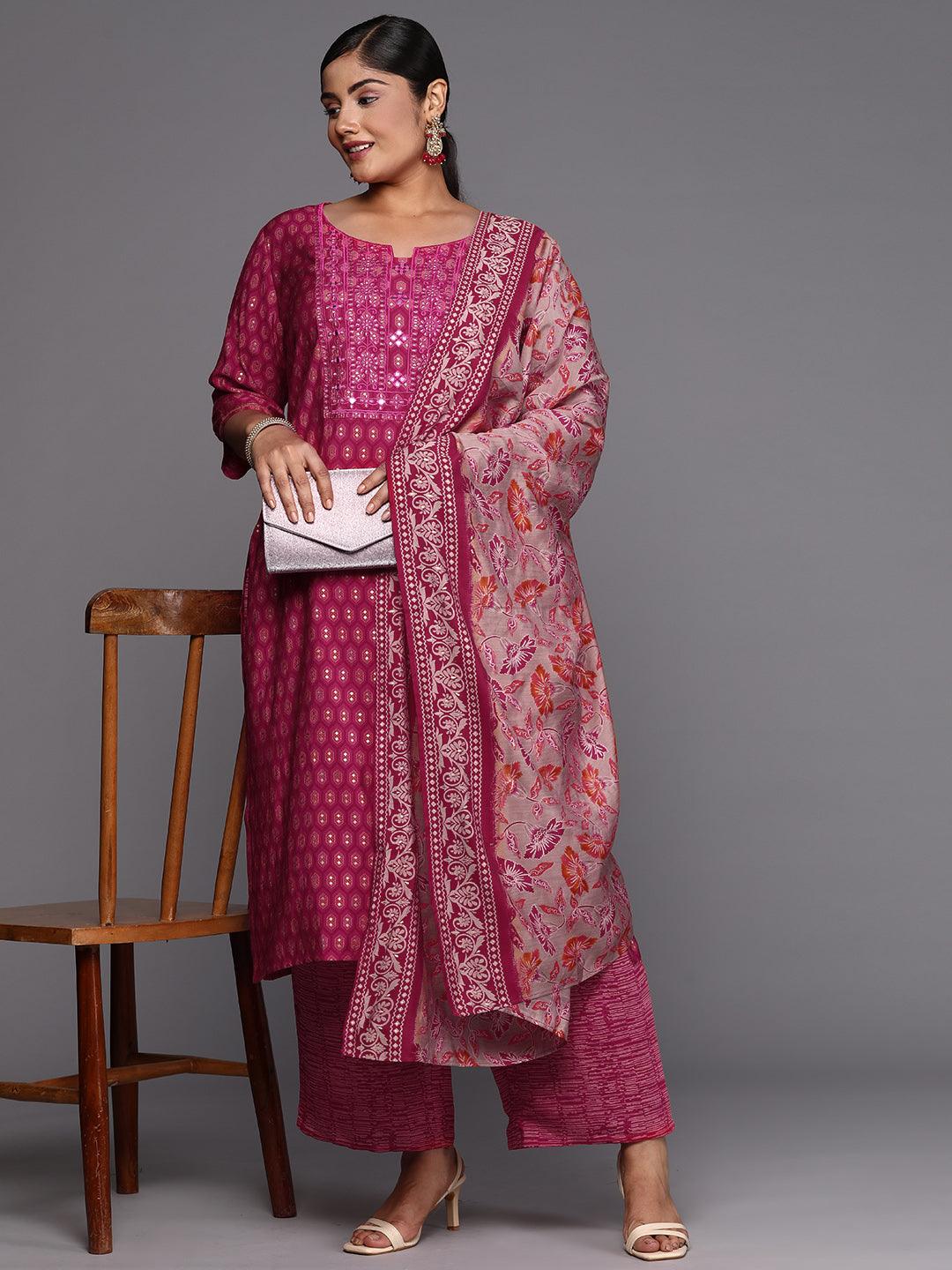 Pink Printed Silk Blend Straight Kurta With Trousers & Dupatta - Libas