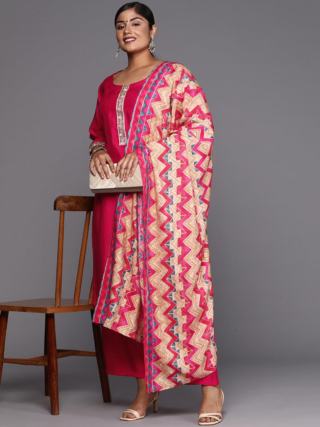 Pink Printed Silk Blend Straight Kurta With Trousers & Dupatta - Libas 