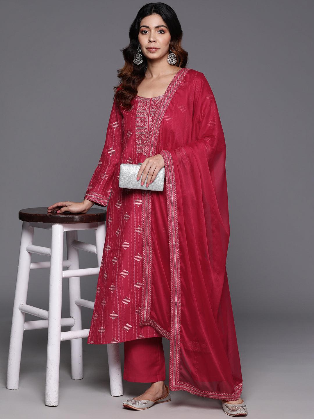 Pink Printed Silk Blend Straight Kurta With Trousers & Dupatta - Libas