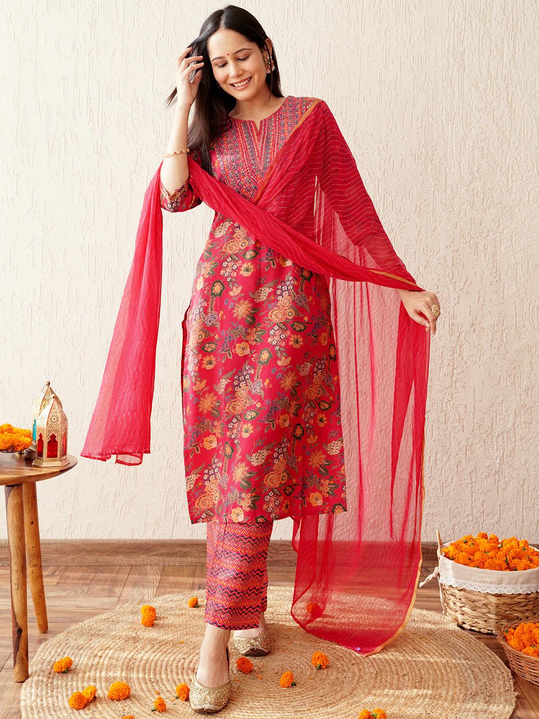 Pink Printed Silk Blend Straight Kurta With Trousers & Dupatta - Libas 