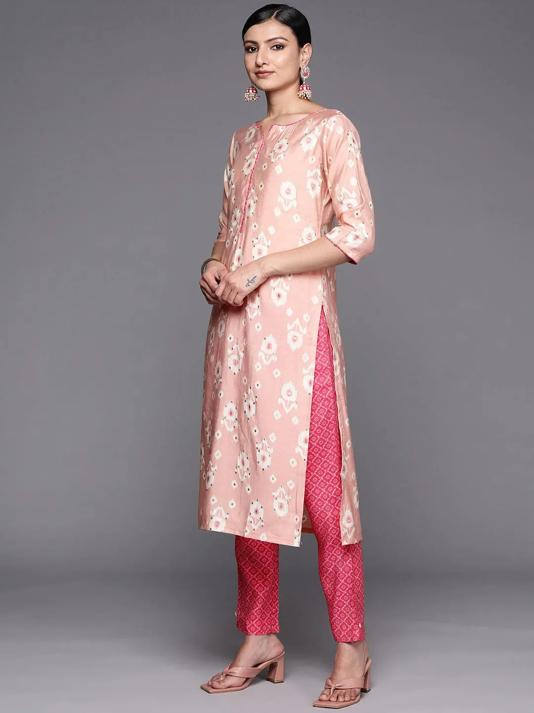 Pink Printed Silk Blend Straight Suit Set With Trousers - Libas