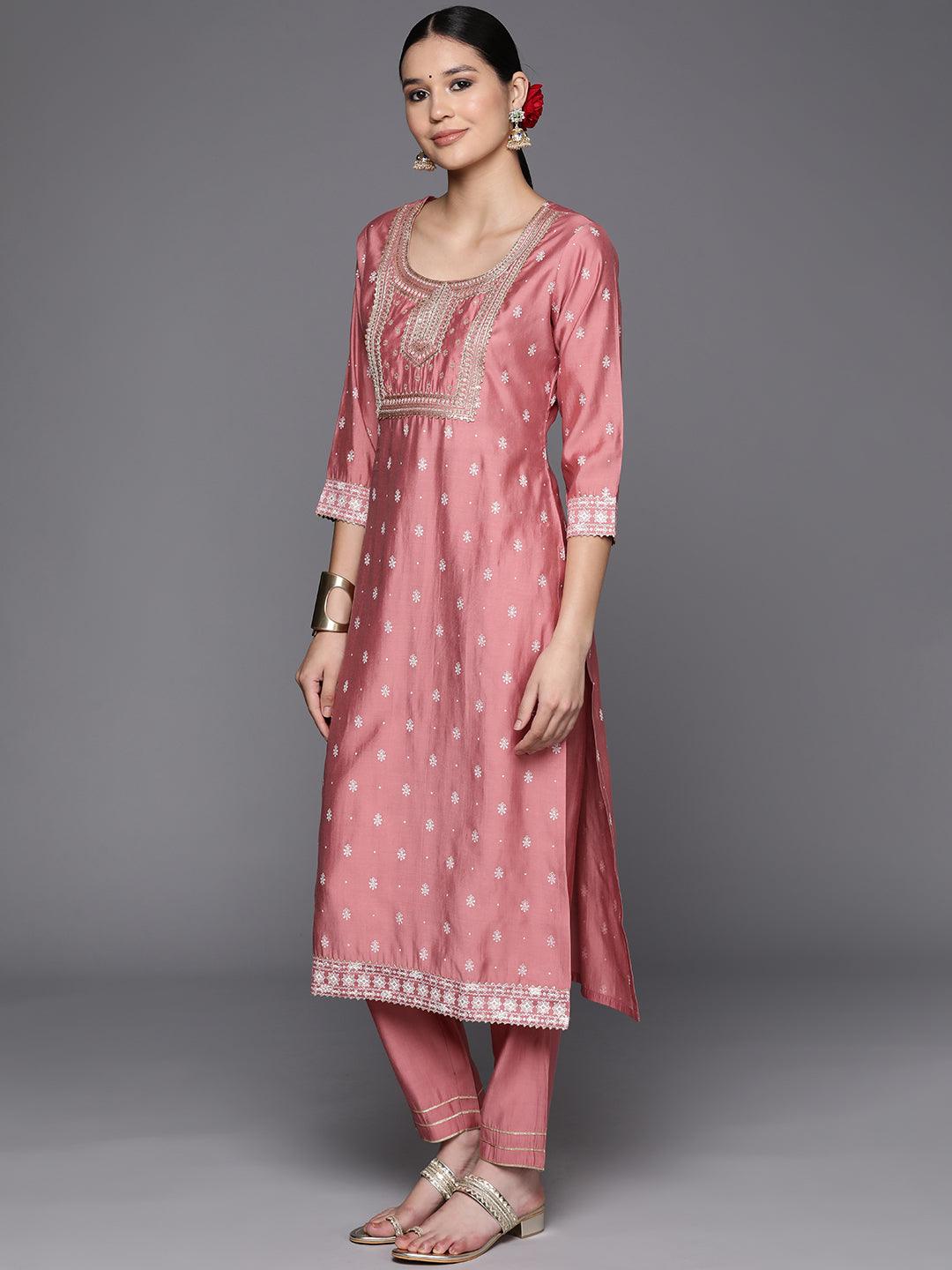 Pink Printed Silk Blend Straight Kurta With Trousers & Dupatta - Libas