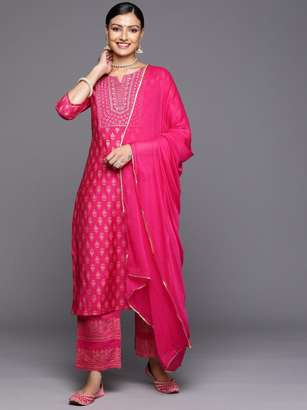 Pink Printed Silk Blend Straight Kurta With Trousers & Dupatta - Libas