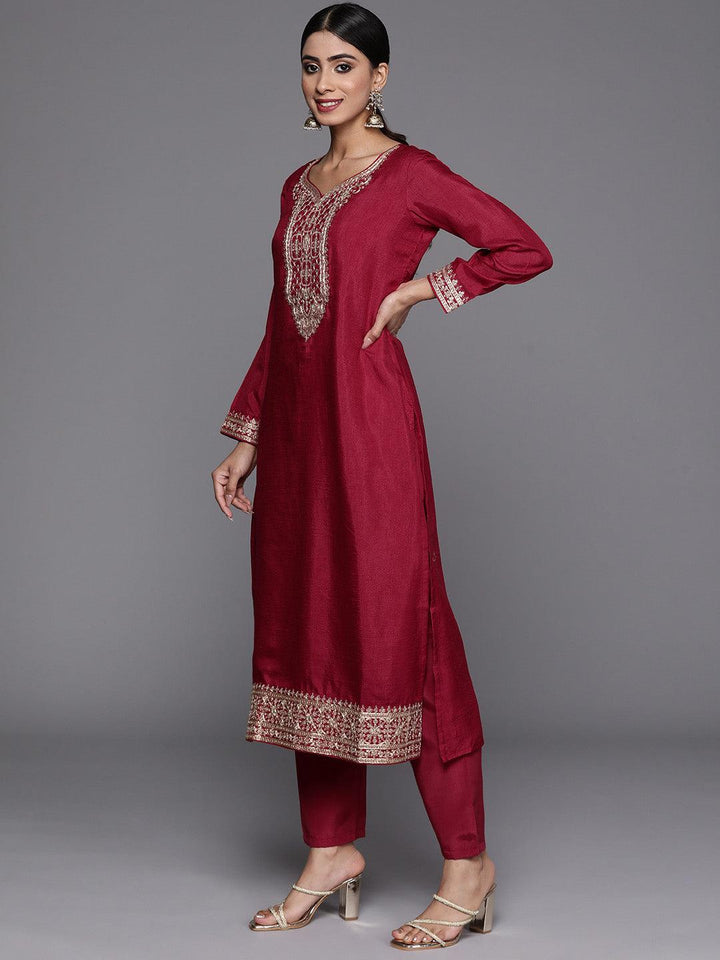 Pink Printed Silk Blend Straight Kurta With Trousers & Dupatta - Libas