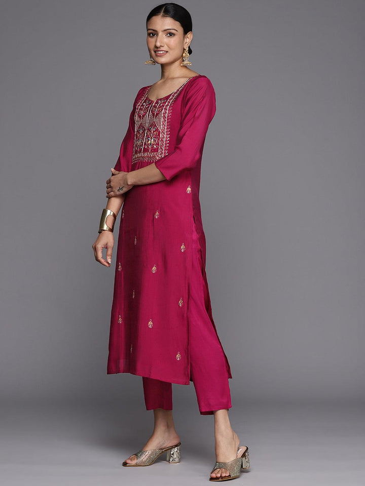 Pink Printed Silk Blend Straight Kurta With Trousers & Dupatta - Libas