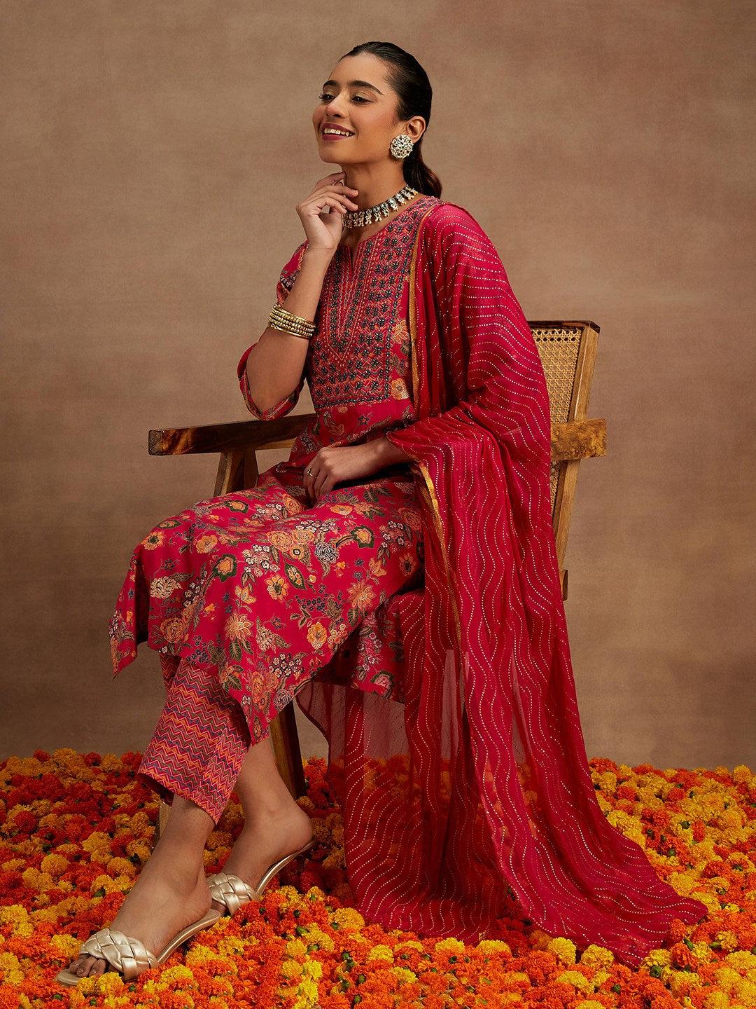 Pink Printed Silk Blend Straight Kurta With Trousers & Dupatta - Libas 