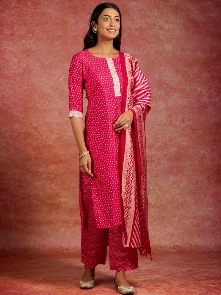 Pink Printed Silk Blend Straight Kurta With Trousers & Dupatta - Libas