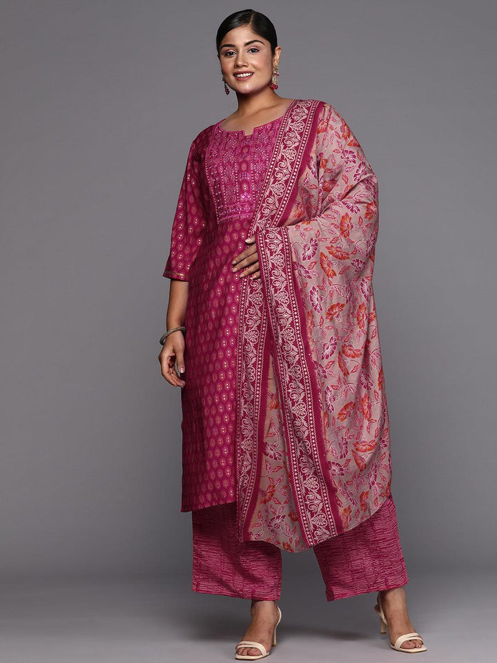 Pink Printed Silk Blend Straight Kurta With Trousers & Dupatta - Libas