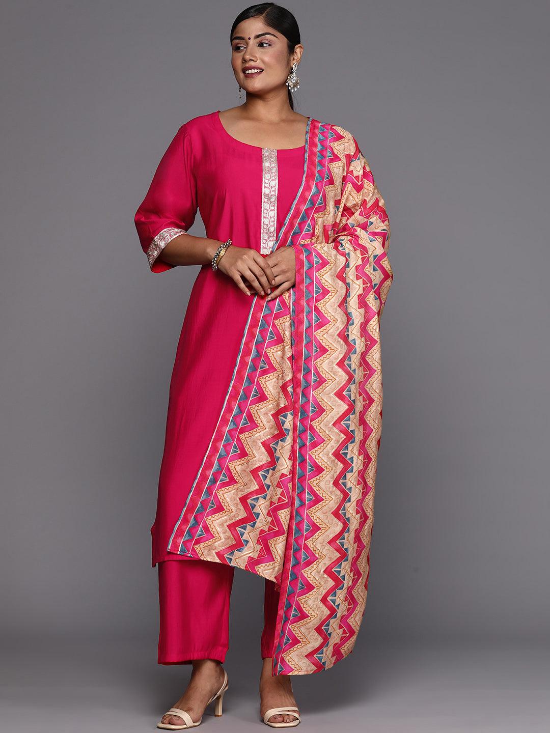 Pink Printed Silk Blend Straight Kurta With Trousers & Dupatta - Libas