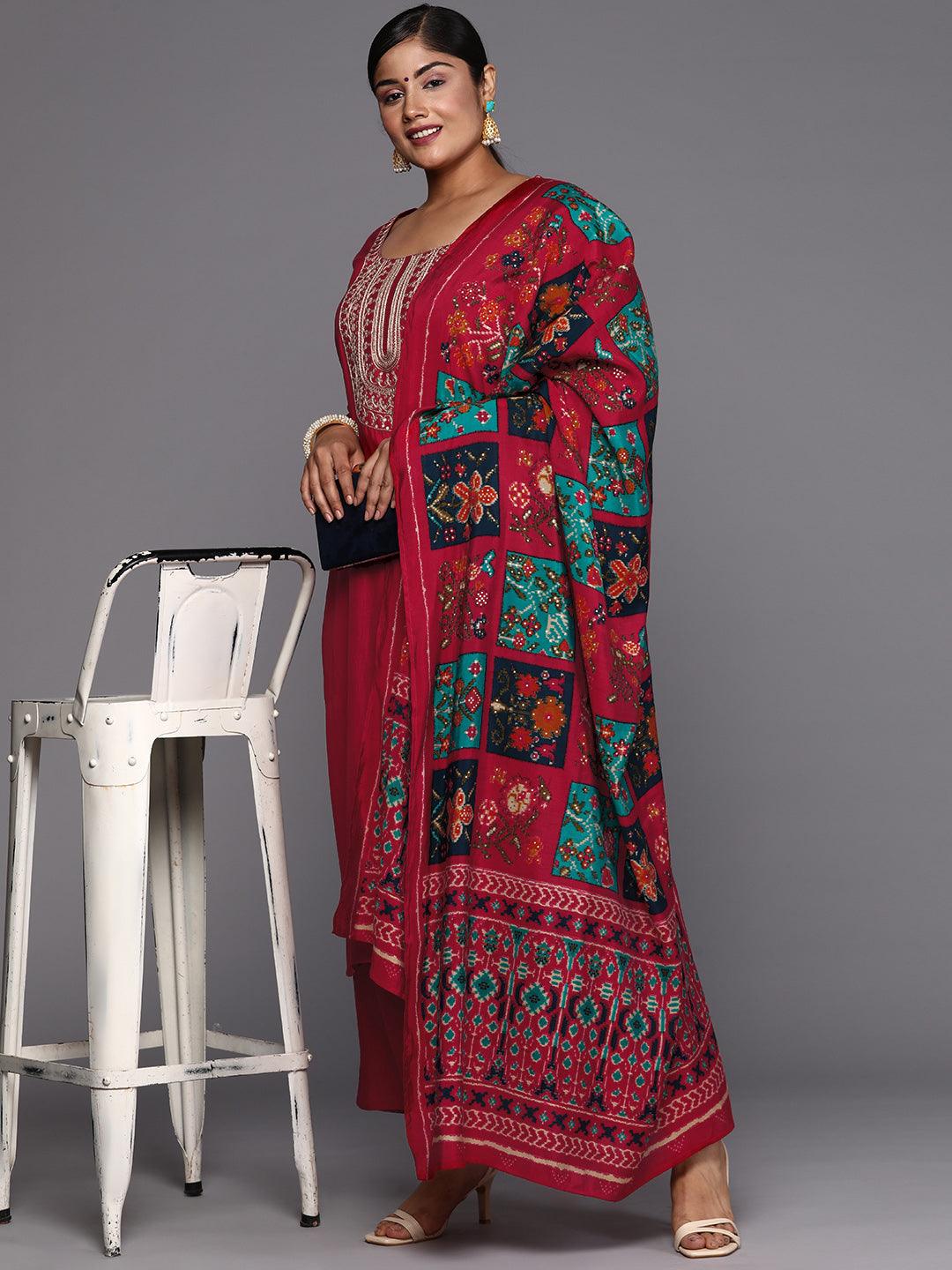 Pink Printed Silk Blend Straight Kurta With Trousers & Dupatta - Libas 