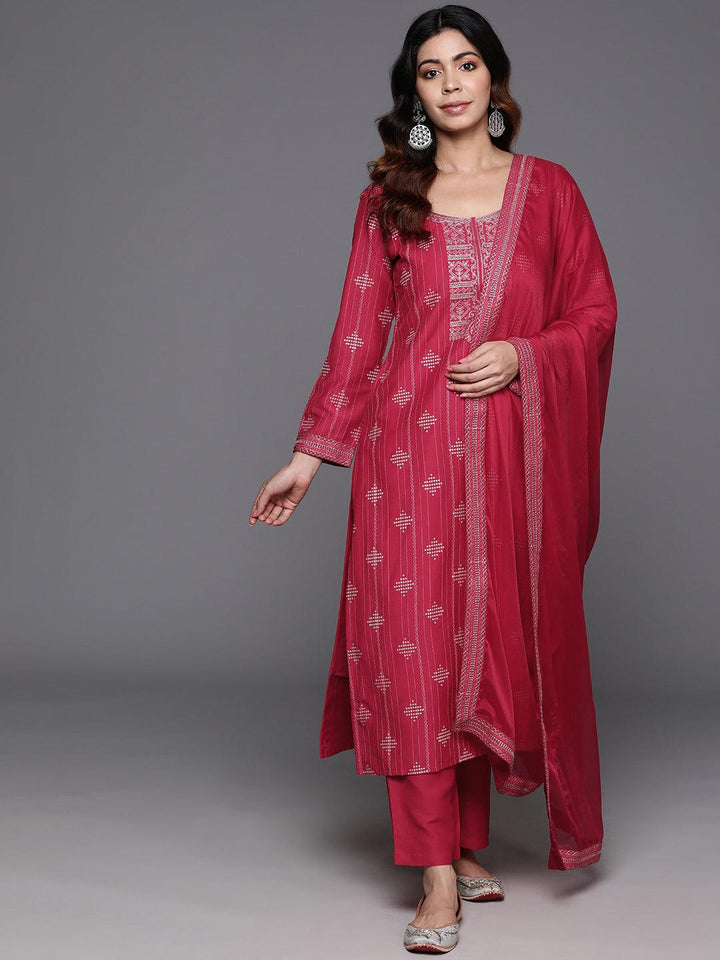 Pink Printed Silk Blend Straight Kurta With Trousers & Dupatta - Libas