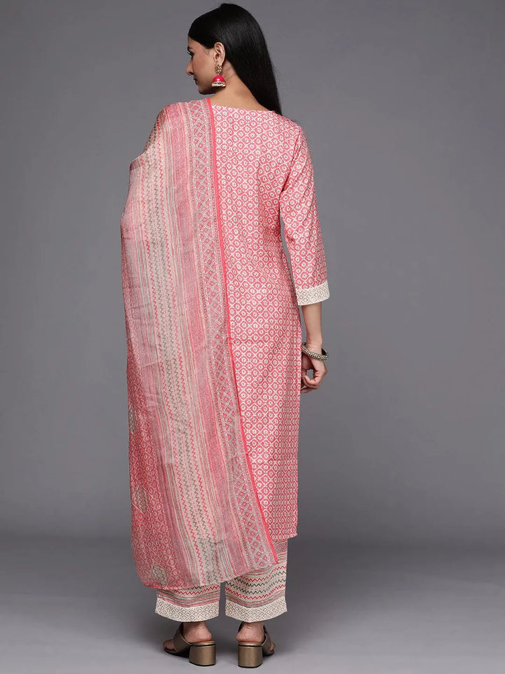 Pink Printed Silk Blend Straight Suit Set - Libas