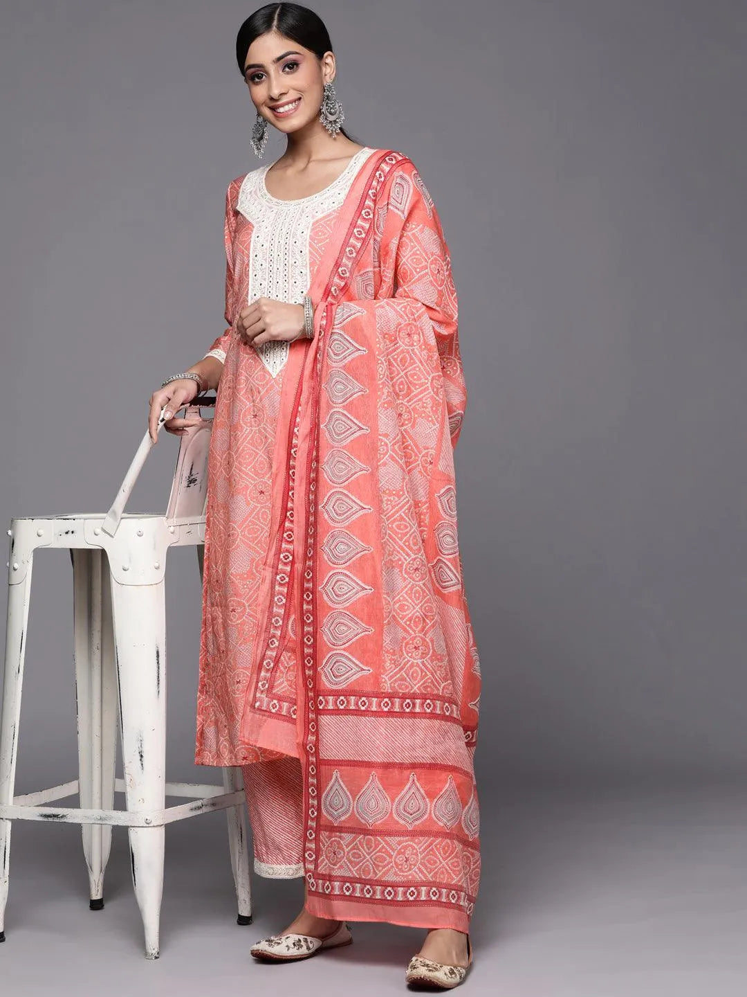 Pink Printed Silk Blend Straight Suit Set - Libas 