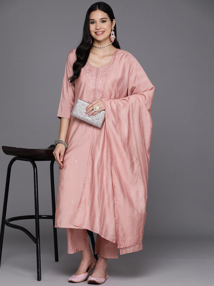 Pink Printed Silk Blend Straight Kurta With Trousers & Dupatta - Libas