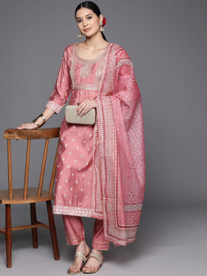 Pink Printed Silk Blend Straight Kurta With Trousers & Dupatta - Libas