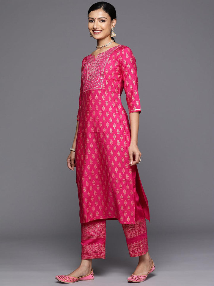 Pink Printed Silk Blend Straight Kurta With Trousers & Dupatta - Libas