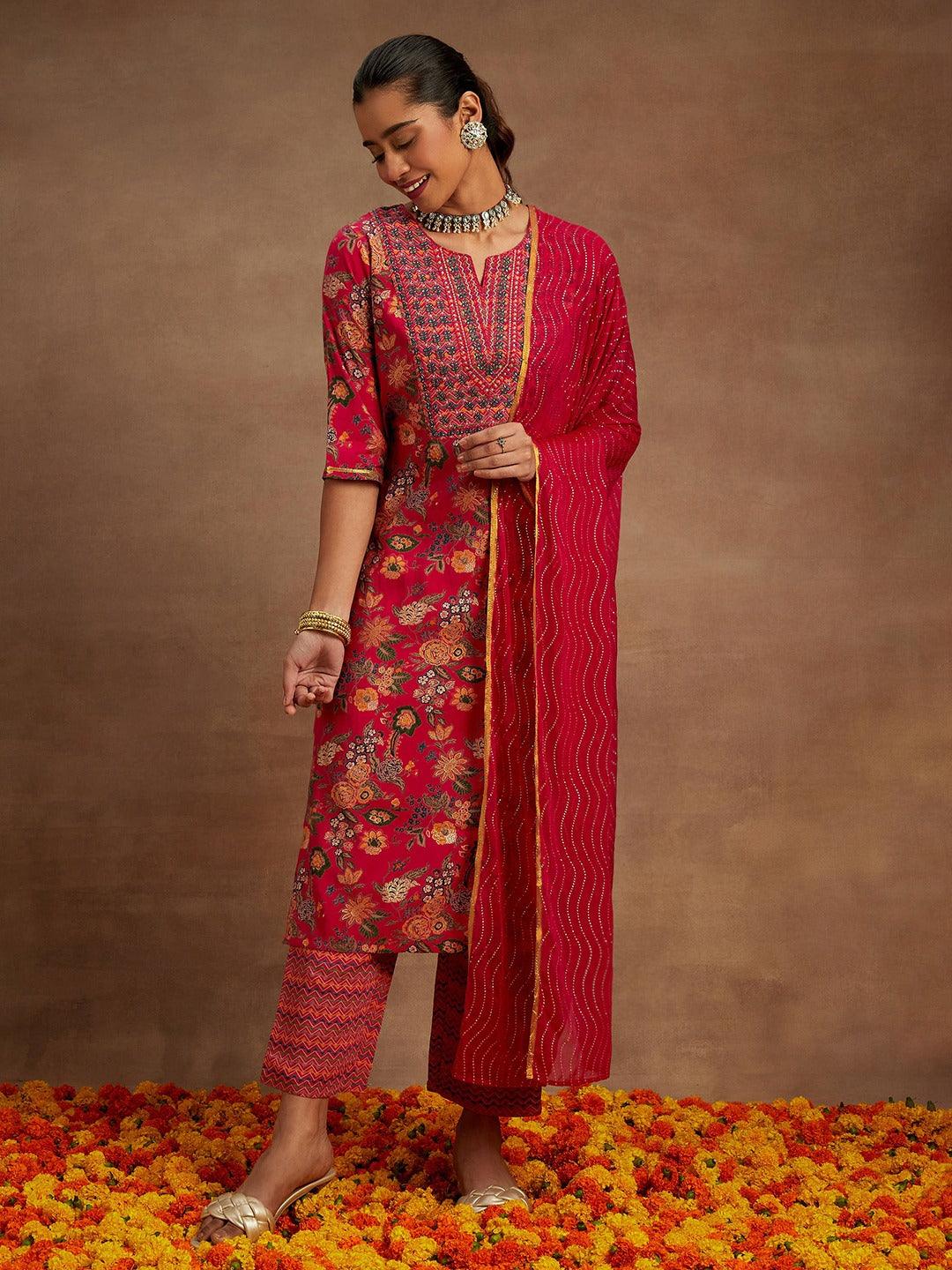 Pink Printed Silk Blend Straight Kurta With Trousers & Dupatta - Libas 