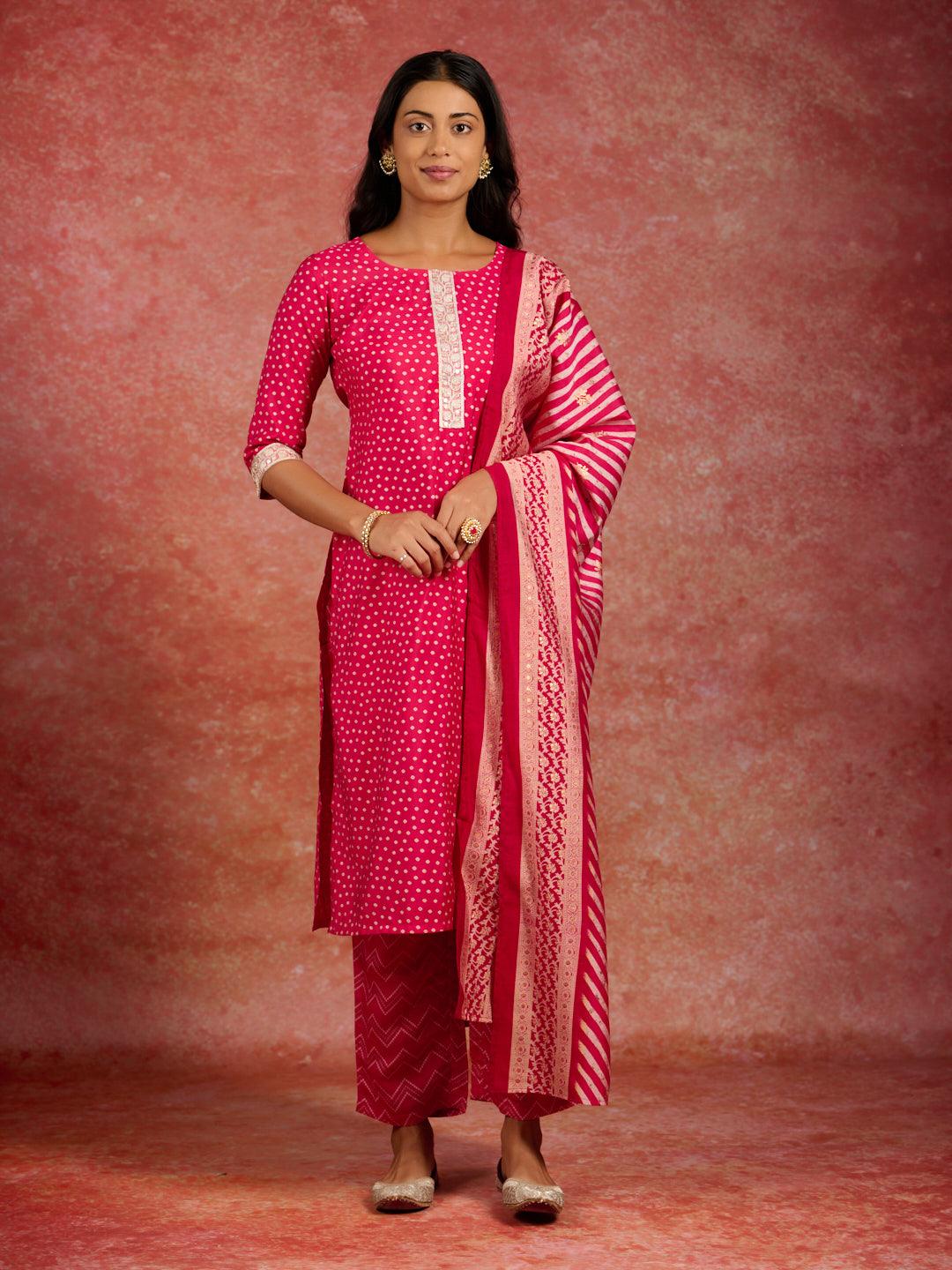 Pink Printed Silk Blend Straight Kurta With Trousers & Dupatta - Libas