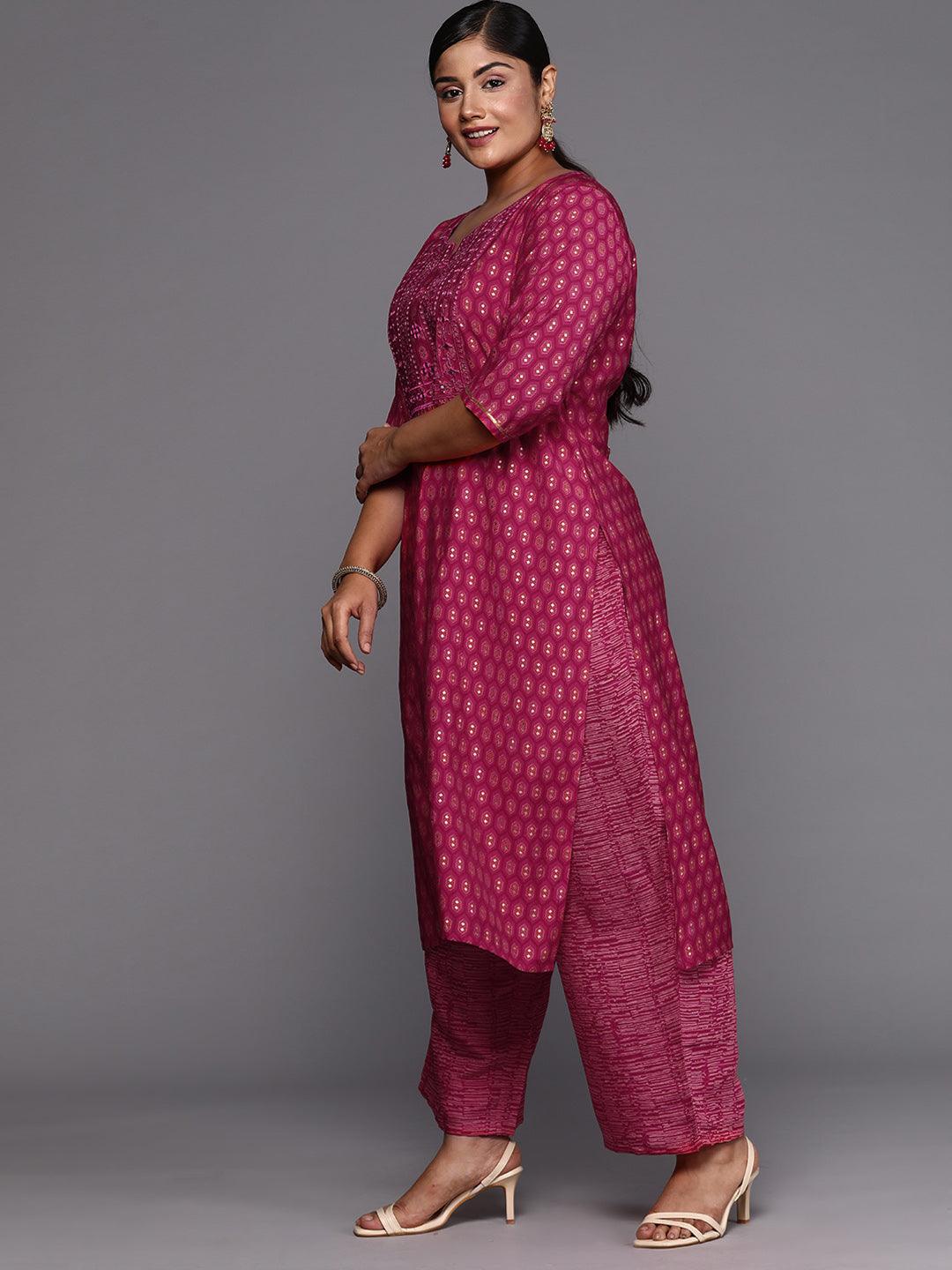 Pink Printed Silk Blend Straight Kurta With Trousers & Dupatta - Libas