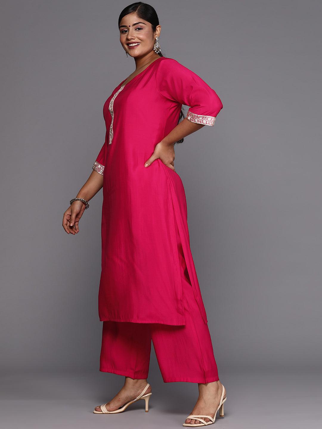 Pink Printed Silk Blend Straight Kurta With Trousers & Dupatta - Libas