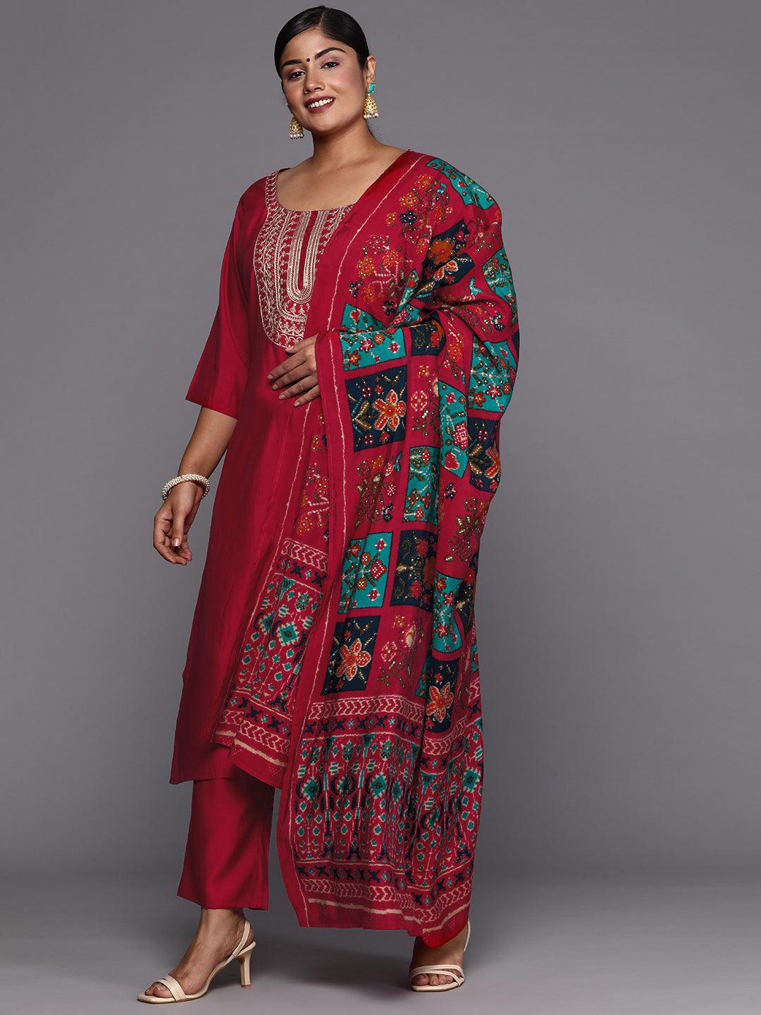 Pink Printed Silk Blend Straight Kurta With Trousers & Dupatta - Libas 