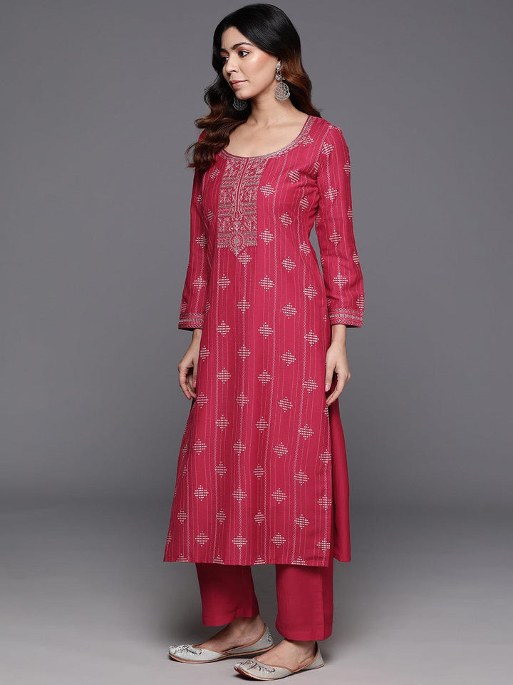 Pink Printed Silk Blend Straight Kurta With Trousers & Dupatta - Libas