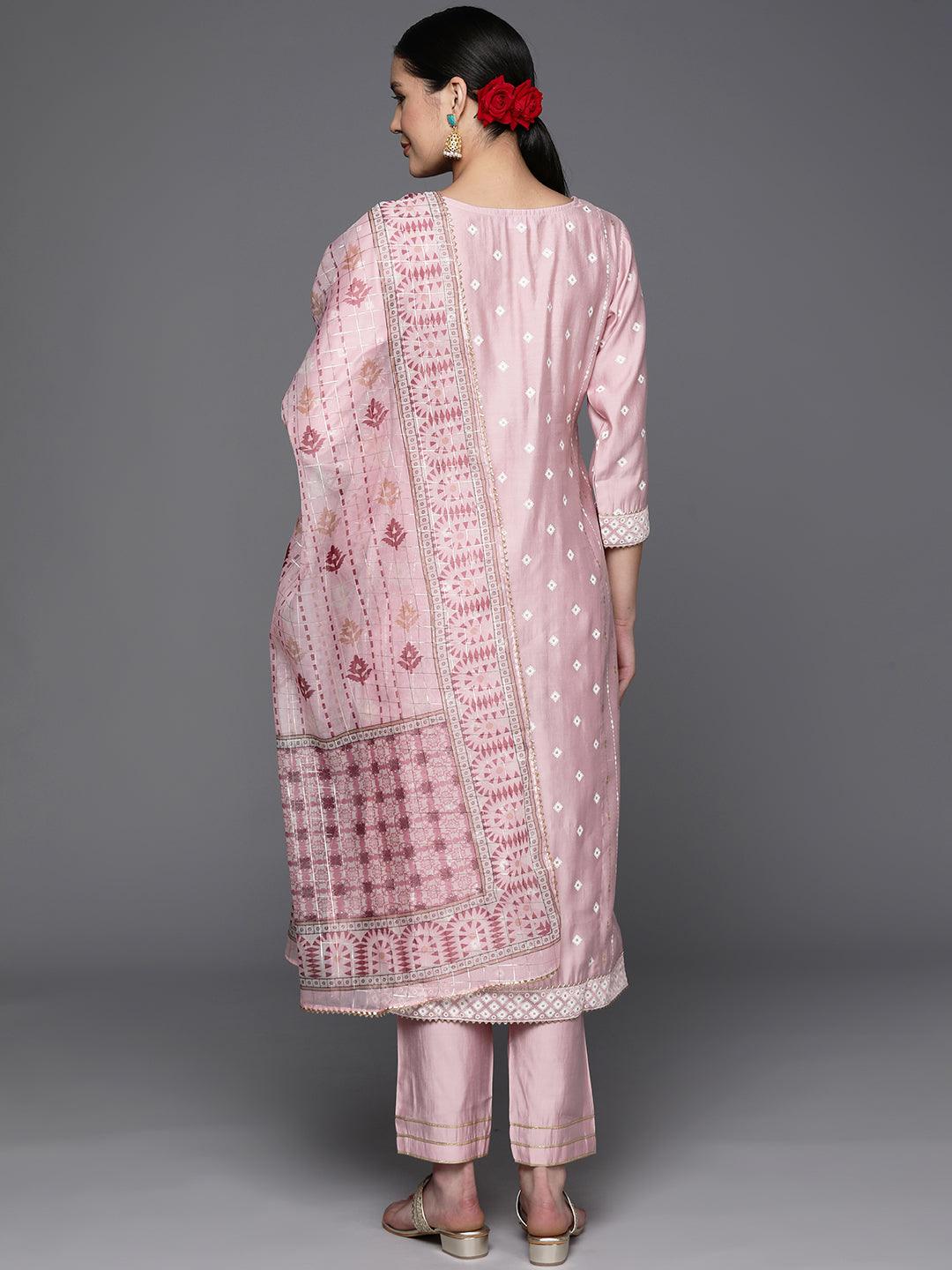 Pink Printed Silk Blend Straight Kurta With Trousers & Dupatta - Libas