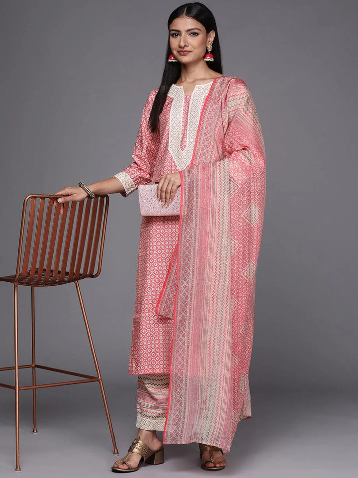 Pink Printed Silk Blend Straight Suit Set - Libas