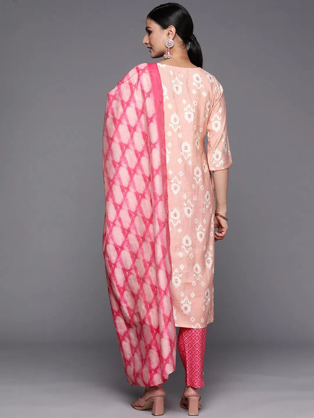 Pink Printed Silk Blend Straight Suit Set With Trousers - Libas