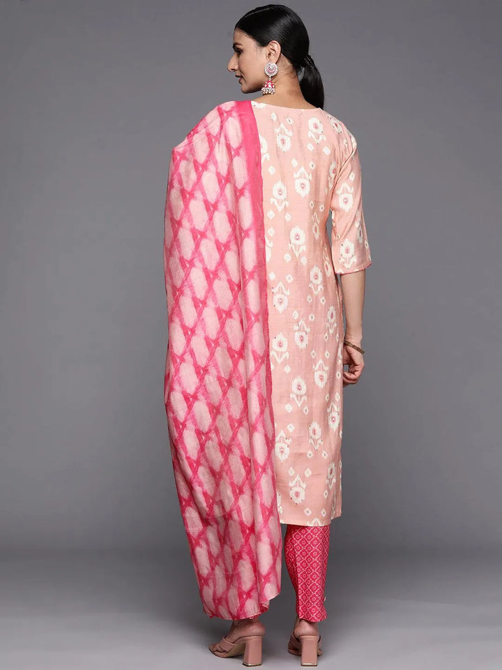 Pink Printed Silk Blend Straight Suit Set With Trousers - Libas