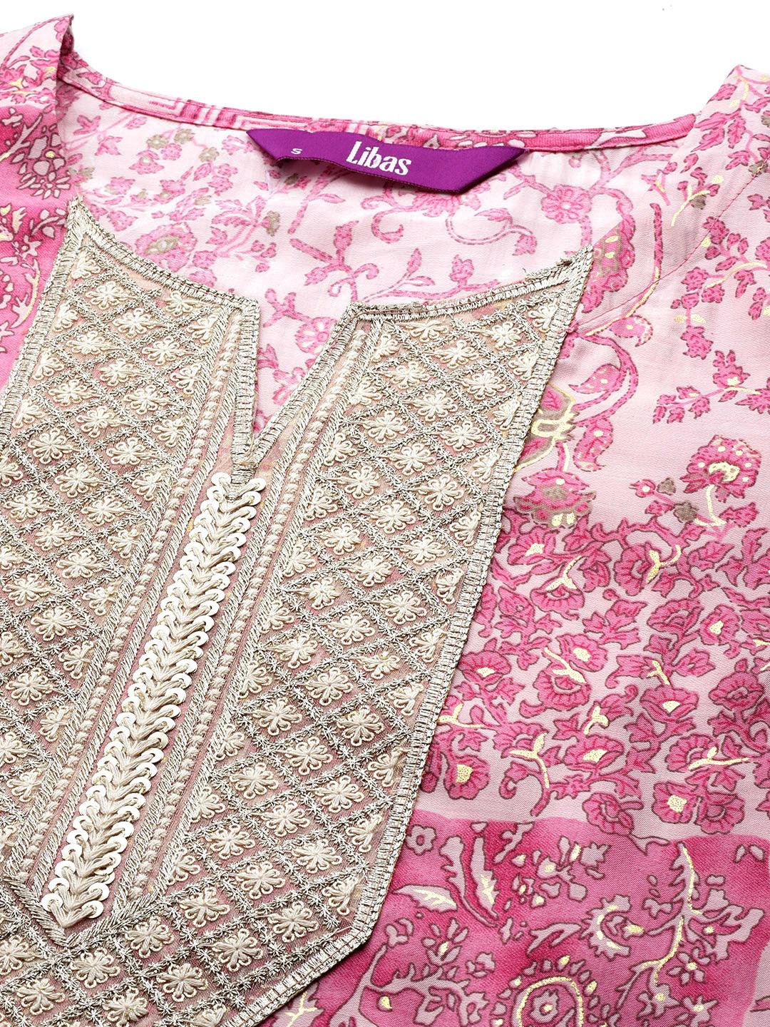 Pink Printed Silk Blend Straight Suit Set With Trousers - Libas