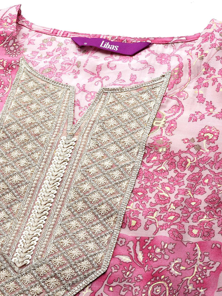 Pink Printed Silk Blend Straight Suit Set With Trousers - Libas