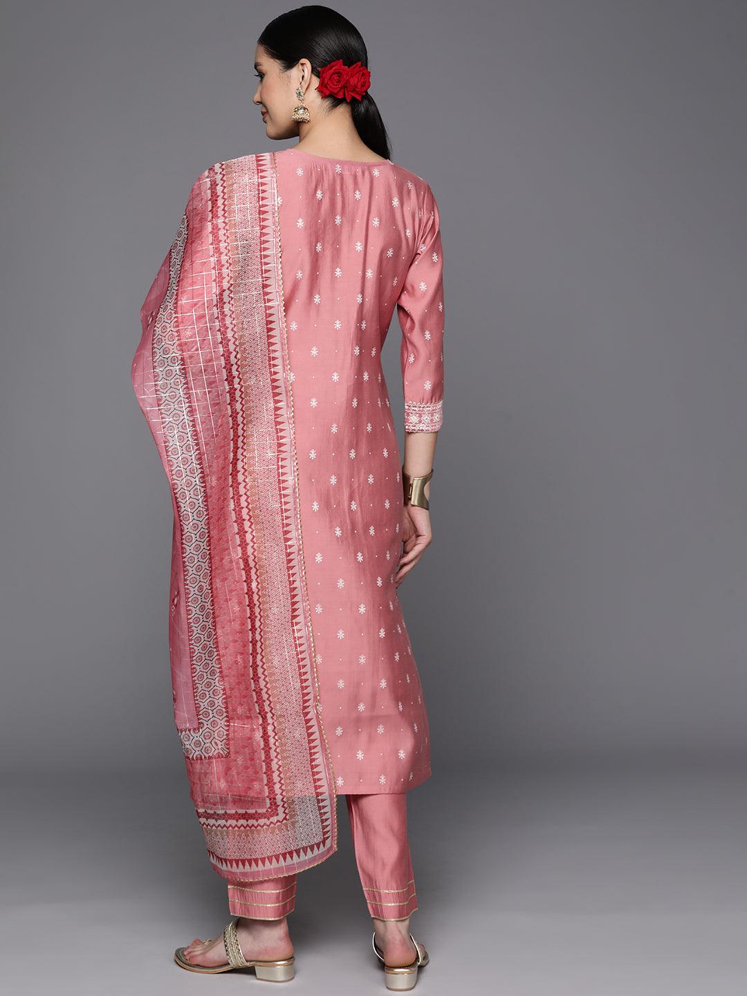 Pink Printed Silk Blend Straight Kurta With Trousers & Dupatta - Libas