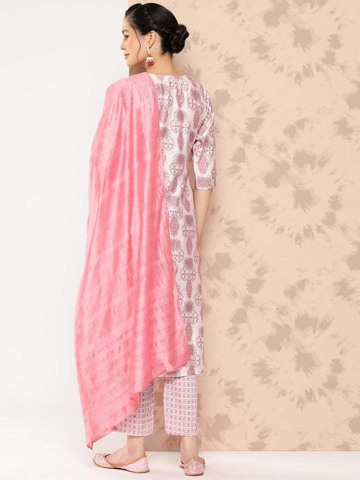 Pink Printed Silk Blend Straight Kurta With Trousers and Dupatta - Libas